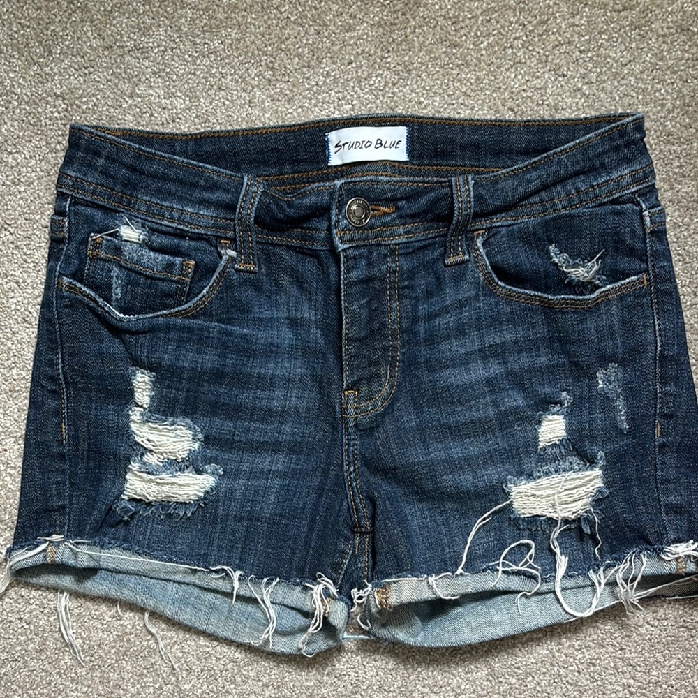 Blue Distressed Jean Shorts with Cuffed Hem